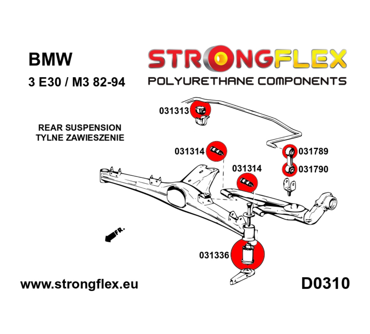 Detalle bujes poliuretano 80Sha BMW E30 M3 kit completo