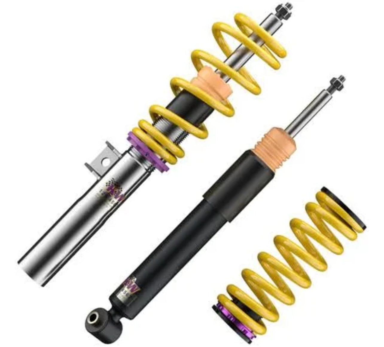Amortiguadores traseros KW Variante 1 para BMW E36, detalle de cuerpo inoxidable.